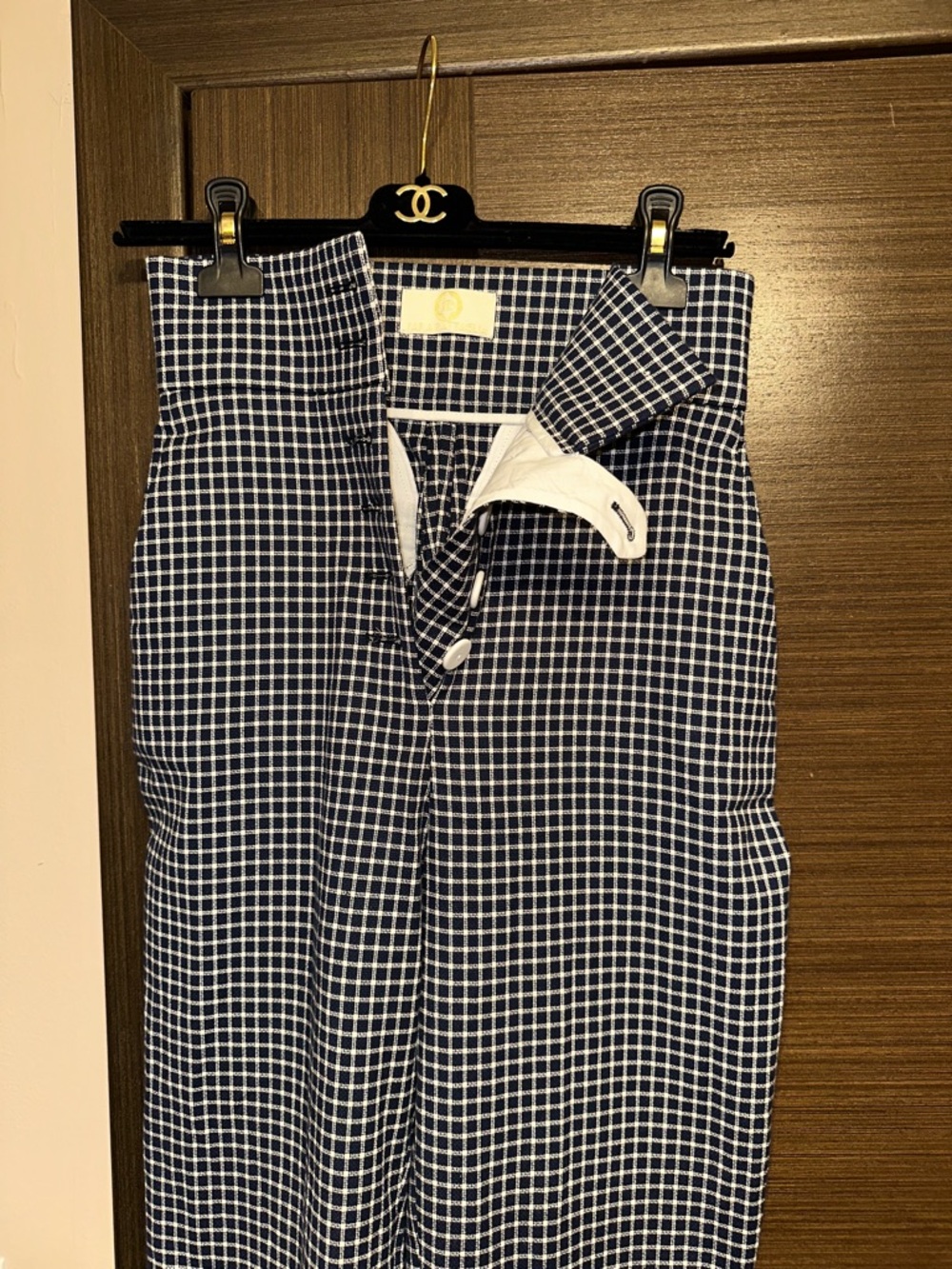Sara Battaglia Navy & White Checked High-Waist Trousers size 4